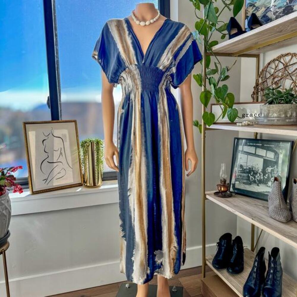 Goddess Tie-Dye Beach Ready Boho Maxi Vacation Dress w/ Flattering Bunched Waist